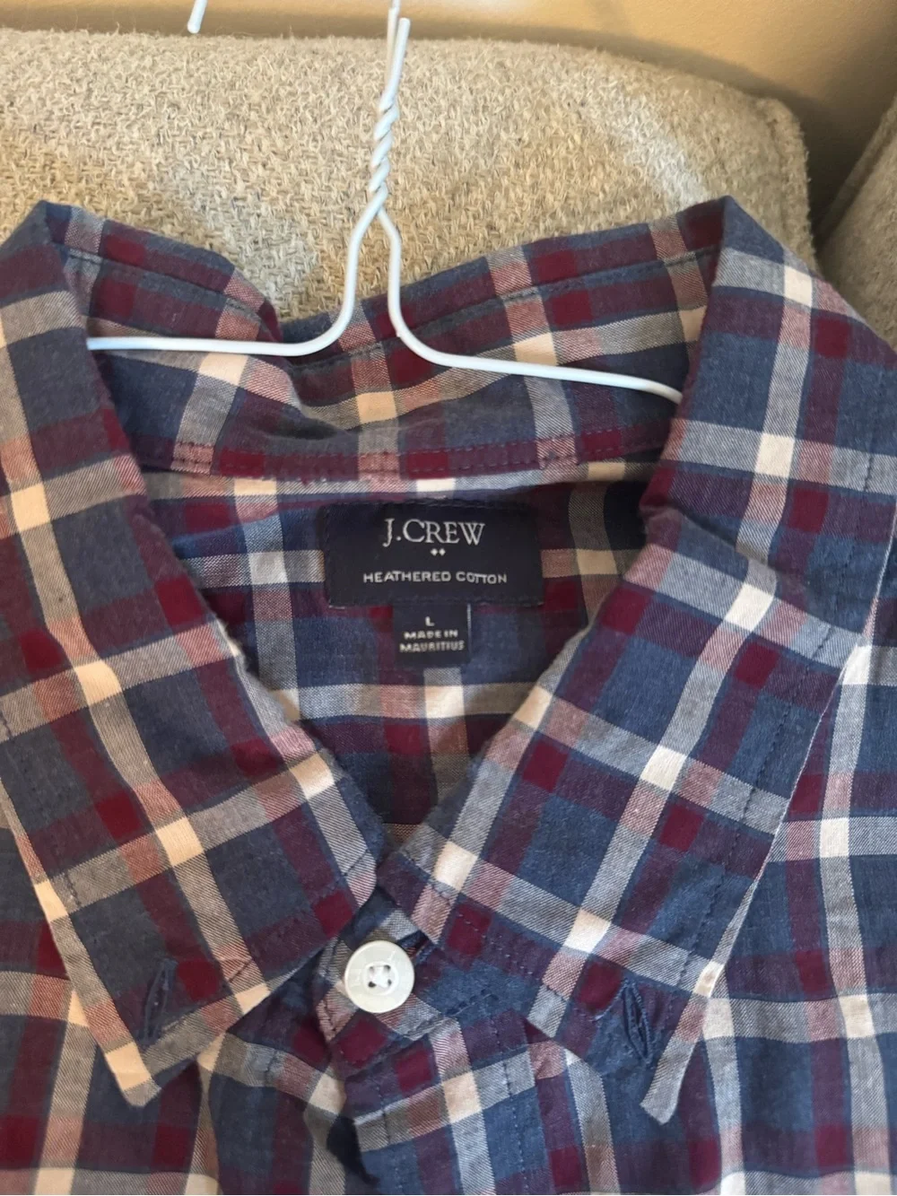 J. Crew Men's Navy, Burgundy, and White Plaid Button-Down Shirt